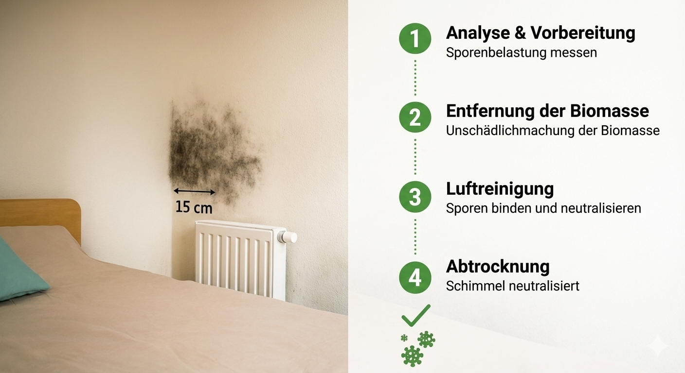 Ablaufbild Schimmelbekämpfung in einem Schlafzimmer Keimfrei-West